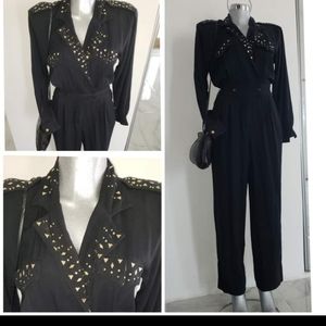 Vintage Jumpsuit Black with Shiny Gold 14 Sz.